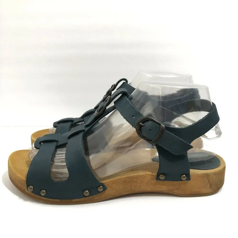 Sanita Olise Flex Blue Leather Wooden Platform Sandals Womens Size 38 US 7 - 7.5 - Picture 3 of 10